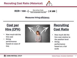8
Recruiting Cost Ratio (Historical)
Measures hiring efficiency.
Cost per
Hire (CPH)
• How much did the
hire cost
• Hiring
performance
based on ease of
hire
Recruiting
Cost Ratio
• How much did the
hire cost relative to
the position level
• Hiring
performance
based on a fair
scale
RCR= 100 - [ ]
 