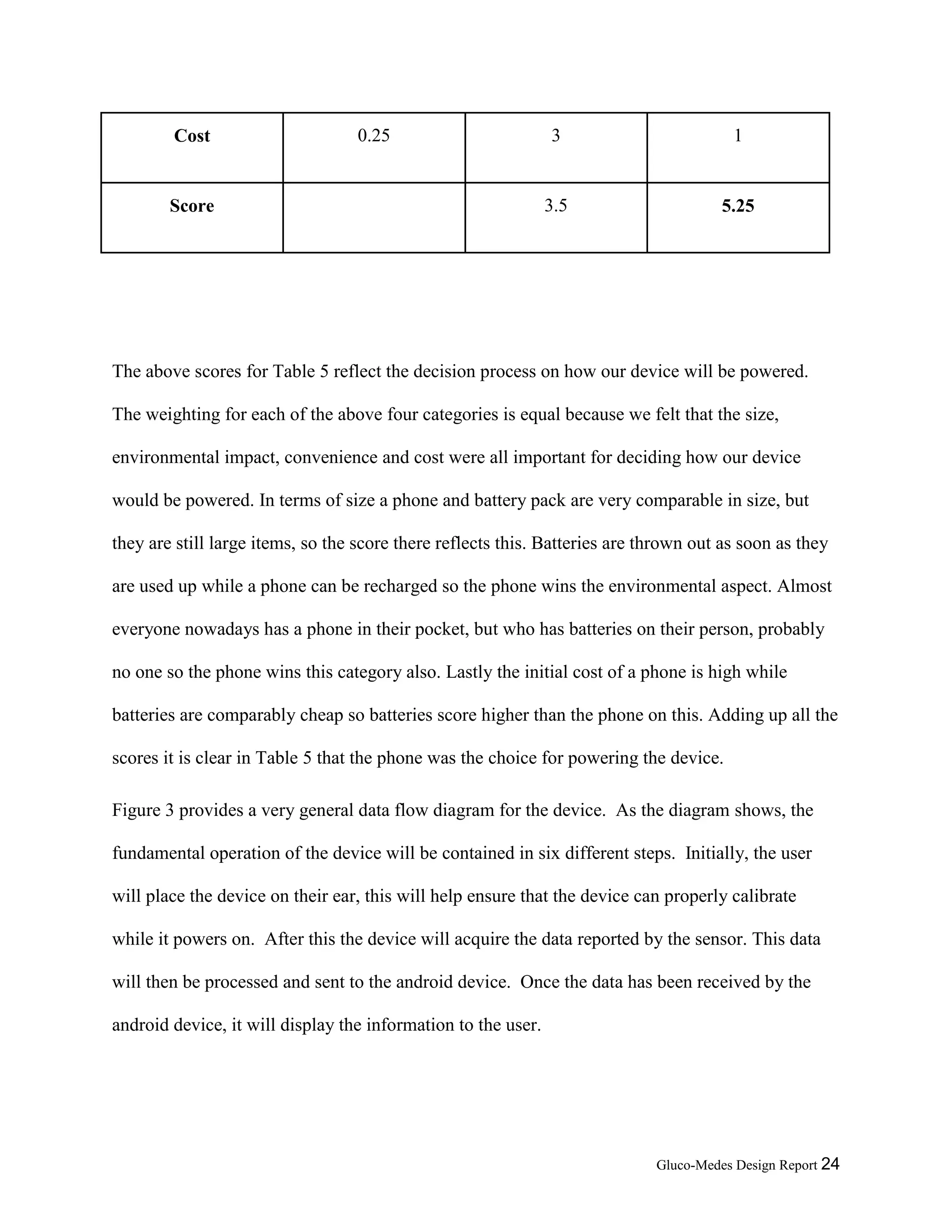Gluco-Medes Design Report 24
Cost 0.25 3 1
Score 3.5 5.25
The above scores for Table 5 reflect the decision process on how our device will be powered.
The weighting for each of the above four categories is equal because we felt that the size,
environmental impact, convenience and cost were all important for deciding how our device
would be powered. In terms of size a phone and battery pack are very comparable in size, but
they are still large items, so the score there reflects this. Batteries are thrown out as soon as they
are used up while a phone can be recharged so the phone wins the environmental aspect. Almost
everyone nowadays has a phone in their pocket, but who has batteries on their person, probably
no one so the phone wins this category also. Lastly the initial cost of a phone is high while
batteries are comparably cheap so batteries score higher than the phone on this. Adding up all the
scores it is clear in Table 5 that the phone was the choice for powering the device.
Figure 3 provides a very general data flow diagram for the device. As the diagram shows, the
fundamental operation of the device will be contained in six different steps. Initially, the user
will place the device on their ear, this will help ensure that the device can properly calibrate
while it powers on. After this the device will acquire the data reported by the sensor. This data
will then be processed and sent to the android device. Once the data has been received by the
android device, it will display the information to the user.
 