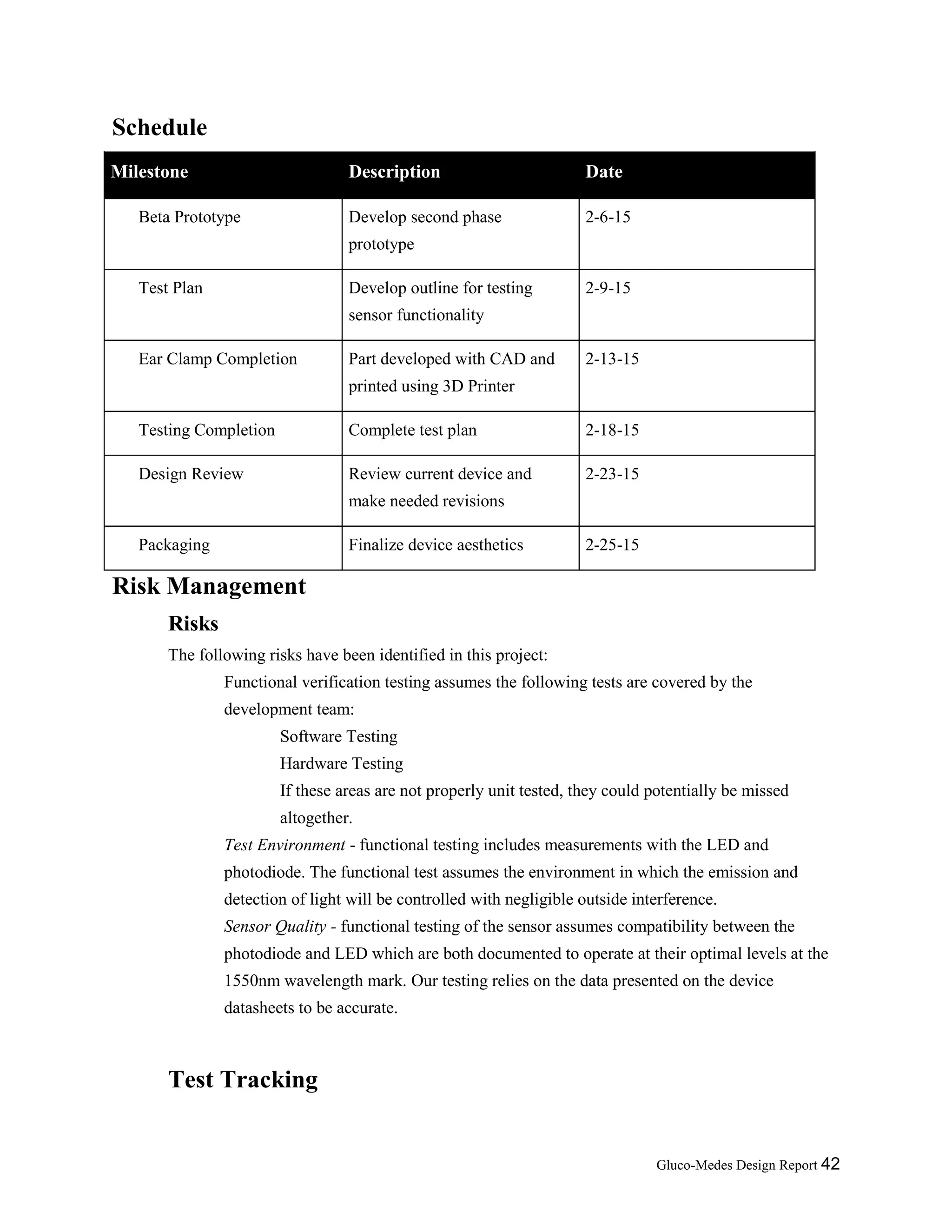 Gluco-Medes Design Report 42
Schedule
Milestone Description Date
Beta Prototype Develop second phase
prototype
2-6-15
Test Plan Develop outline for testing
sensor functionality
2-9-15
Ear Clamp Completion Part developed with CAD and
printed using 3D Printer
2-13-15
Testing Completion Complete test plan 2-18-15
Design Review Review current device and
make needed revisions
2-23-15
Packaging Finalize device aesthetics 2-25-15
Risk Management
Risks
The following risks have been identified in this project:
Functional verification testing assumes the following tests are covered by the
development team:
Software Testing
Hardware Testing
If these areas are not properly unit tested, they could potentially be missed
altogether.
Test Environment - functional testing includes measurements with the LED and
photodiode. The functional test assumes the environment in which the emission and
detection of light will be controlled with negligible outside interference.
Sensor Quality - functional testing of the sensor assumes compatibility between the
photodiode and LED which are both documented to operate at their optimal levels at the
1550nm wavelength mark. Our testing relies on the data presented on the device
datasheets to be accurate.
Test Tracking
 