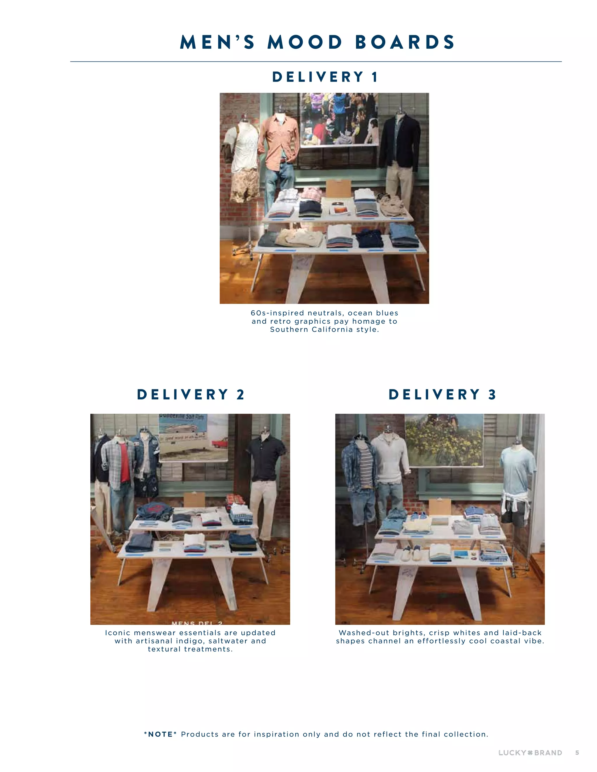 5
M E N ’ S M O O D B O A R D S
D el i v ery 1
D el i v ery 2 D el i v ery 3
* N OT E * Products are for inspiration only and do not reflect the final collection.
60s-inspired neutrals, ocean blues
and retro graphics pay homage to
Southern California style.
Iconic menswear essentials are updated
with artisanal indigo, saltwater and
textural treatments.
Washed-out brights, crisp whites and laid-back
shapes channel an effortlessly cool coastal vibe.
 