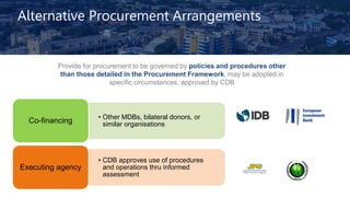 Alternative Procurement Arrangements
• Other MDBs, bilateral donors, or
similar organisationsCo-financing
• CDB approves use of procedures
and operations thru informed
assessment
Executing agency
Provide for procurement to be governed by policies and procedures other
than those detailed in the Procurement Framework, may be adopted in
specific circumstances, approved by CDB
 