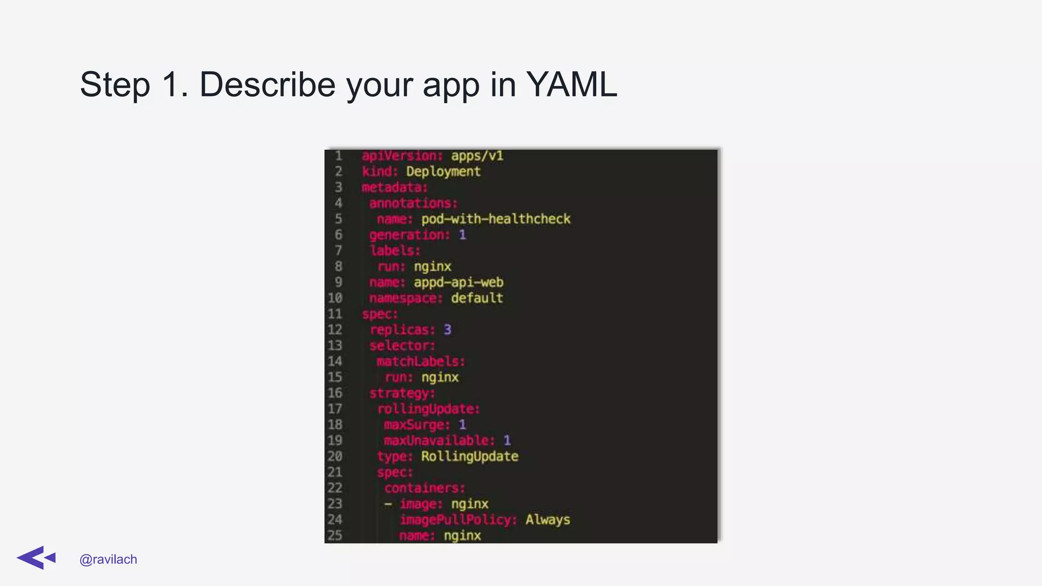 Step 1. Describe your app in YAML
@ravilach
 