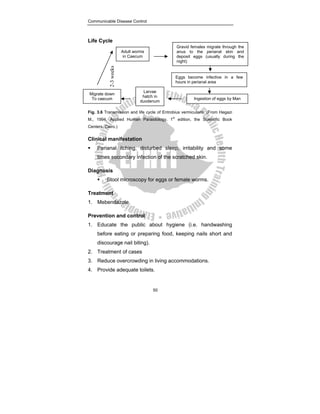 Communicable Disease Control
50
Life Cycle
Fig. 3.6 Transmission and life cycle of Entrobius vermicularis. (From Hegazi
M., 1994, Applied Human Parasitology, 1
st
edition, the Scientific Book
Centers, Cairo.)
Clinical manifestation
ƒ Perianal itching, disturbed sleep, irritability and some
times secondary infection of the scratched skin.
Diagnosis
ƒ Stool microscopy for eggs or female worms.
Treatment
1. Mebendazole.
Prevention and control
1. Educate the public about hygiene (i.e. handwashing
before eating or preparing food, keeping nails short and
discourage nail biting).
2. Treatment of cases
3. Reduce overcrowding in living accommodations.
4. Provide adequate toilets.
2-3
weeks
Adult worms
in Caecum
Gravid females migrate through the
anus to the perianal skin and
deposit eggs (usually during the
night)
Larvae
hatch in
duodenum
Eggs become infective in a few
hours in perianal area
Ingestion of eggs by Man
Migrate down
To caecum
 