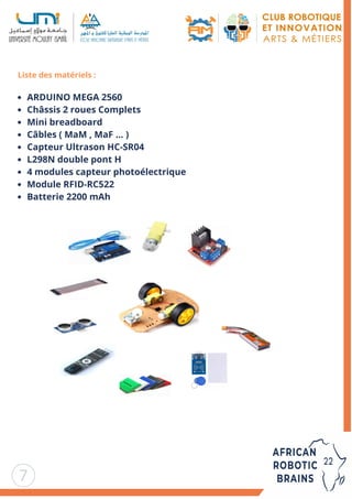 7
ARDUINO MEGA 2560
Châssis 2 roues Complets
Mini breadboard
Câbles ( MaM , MaF ... )
Capteur Ultrason HC-SR04
L298N double pont H
4 modules capteur photoélectrique
Module RFID-RC522
Batterie 2200 mAh
Liste des matériels :
 