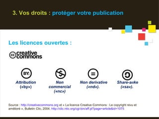 3. Vos droits : protéger votre publication




Les licences ouvertes :




     Attribution               Non                Non derivative             Share-alike
       («by»)               commercial               («nd»).                  («sa»).
                              («nc»)


Source : http://creativecommons.org et « La licence Creative Commons : Le copyright revu et
amélioré », Bulletin Clic, 2004. http://clic.ntic.org/cgi-bin/aff.pl?page=article&id=1075
 
