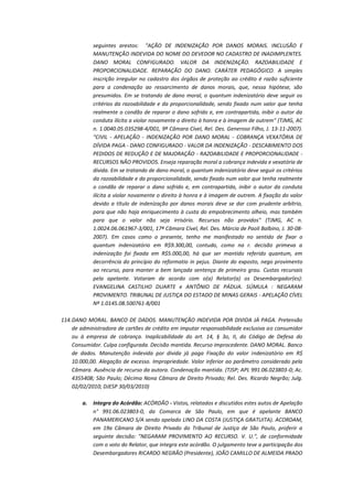 seguintes arestos: "AÇÃO DE INDENIZAÇÃO POR DANOS MORAIS. INCLUSÃO E
MANUTENÇÃO INDEVIDA DO NOME DO DEVEDOR NO CADASTRO DE INADIMPLENTES.
DANO MORAL CONFIGURADO. VALOR DA INDENIZAÇÃO. RAZOABILIDADE E
PROPORCIONALIDADE. REPARAÇÃO DO DANO. CARÁTER PEDAGÓGICO. A simples
inscrição irregular no cadastro dos órgãos de proteção ao crédito é razão suficiente
para a condenação ao ressarcimento de danos morais, que, nessa hipótese, são
presumidos. Em se tratando de dano moral, o quantum indenizatório deve seguir os
critérios da razoabilidade e da proporcionalidade, sendo fixado num valor que tenha
realmente o condão de reparar o dano sofrido e, em contrapartida, inibir o autor da
conduta ilícita a violar novamente o direito à honra e à imagem de outrem" (TJMG, AC
n. 1.0040.05.035298-4/001, 9ª Câmara Cível, Rel. Des. Generoso Filho, J. 13-11-2007).
"CIVIL - APELAÇÃO - INDENIZAÇÃO POR DANO MORAL - COBRANÇA VEXATÓRIA DE
DÍVIDA PAGA - DANO CONFIGURADO - VALOR DA INDENIZAÇÃO - DESCABIMENTO DOS
PEDIDOS DE REDUÇÃO E DE MAJORAÇÃO - RAZOABILIDADE E PROPORCIONALIDADE RECURSOS NÃO PROVIDOS. Enseja reparação moral a cobrança indevida e vexatória de
dívida. Em se tratando de dano moral, o quantum indenizatório deve seguir os critérios
da razoabilidade e da proporcionalidade, sendo fixado num valor que tenha realmente
o condão de reparar o dano sofrido e, em contrapartida, inibir o autor da conduta
ilícita a violar novamente o direito à honra e à imagem de outrem. A fixação do valor
devido a título de indenização por danos morais deve se dar com prudente arbítrio,
para que não haja enriquecimento à custa do empobrecimento alheio, mas também
para que o valor não seja irrisório. Recursos não providos" (TJMG, AC n.
1.0024.06.061967-3/001, 17ª Câmara Cível, Rel. Des. Márcia de Paoli Balbino, J. 30-082007). Em casos como o presente, tenho me manifestado no sentido de fixar o
quantum indenizatório em R$9.300,00, contudo, como na r. decisão primeva a
indenização foi fixada em R$5.000,00, há que ser mantido referido quantum, em
decorrência do princípio do reformatio in pejus. Diante do exposto, nego provimento
ao recurso, para manter a bem lançada sentença de primeiro grau. Custas recursais
pela apelante. Votaram de acordo com o(a) Relator(a) os Desembargador(es):
EVANGELINA CASTILHO DUARTE e ANTÔNIO DE PÁDUA. SÚMULA : NEGARAM
PROVIMENTO. TRIBUNAL DE JUSTIÇA DO ESTADO DE MINAS GERAIS - APELAÇÃO CÍVEL
Nº 1.0145.08.500761-8/001
114. DANO MORAL. BANCO DE DADOS. MANUTENÇÃO INDEVIDA POR DIVIDA JÁ PAGA. Pretensão
de administradora de cartões de crédito em imputar responsabilidade exclusiva ao consumidor
ou à empresa de cobrança. Inaplicabilidade do art. 14, § 3o, II, do Código de Defesa do
Consumidor. Culpa configurada. Decisão mantida. Recurso improcedente. DANO MORAL. Banco
de dados. Manutenção indevida por divida já paga Fixação do valor indenizatório em R$
10.000,00. Alegação de excesso. Impropriedade. Valor inferior ao parâmetro considerado pela
Câmara. Ausência de recurso da autora. Condenação mantida. (TJSP; APL 991.06.023803-0; Ac.
4355408; São Paulo; Décima Nona Câmara de Direito Privado; Rel. Des. Ricardo Negrão; Julg.
02/02/2010; DJESP 30/03/2010)
a.

Integra do Acórdão: ACÓRDÃO - Vistos, relatados e discutidos estes autos de Apelação
n° 991.06.023803-0, da Comarca de São Paulo, em que é apelante BANCO
PANAMERICANO S/A sendo apelado LINO DA COSTA (JUSTIÇA GRATUITA). ACORDAM,
em 19a Câmara de Direito Privado do Tribunal de Justiça de São Paulo, proferir a
seguinte decisão: "NEGARAM PROVIMENTO AO RECURSO. V. U.", de conformidade
com o voto do Relator, que integra este acórdão. O julgamento teve a participação dos
Desembargadores RICARDO NEGRÃO (Presidente), JOÃO CAMILLO DE ALMEIDA PRADO

 