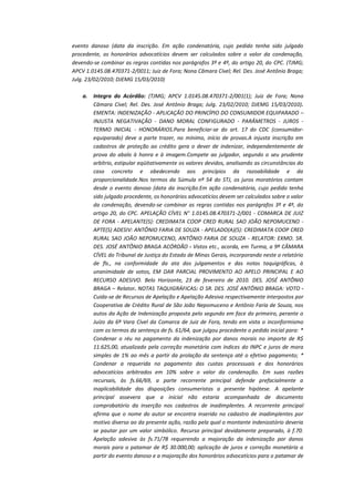 evento danoso (data da inscrição. Em ação condenatória, cujo pedido tenha sido julgado
procedente, os honorários advocatícios devem ser calculados sobre o valor da condenação,
devendo-se combinar as regras contidas nos parágrafos 3º e 4º, do artigo 20, do CPC. (TJMG;
APCV 1.0145.08.470371-2/0011; Juiz de Fora; Nona Câmara Cível; Rel. Des. José Antônio Braga;
Julg. 23/02/2010; DJEMG 15/03/2010)
a.

Integra do Acórdão: (TJMG; APCV 1.0145.08.470371-2/001(1); Juiz de Fora; Nona
Câmara Cível; Rel. Des. José Antônio Braga; Julg. 23/02/2010; DJEMG 15/03/2010).
EMENTA: INDENIZAÇÃO - APLICAÇÃO DO PRINCÍPIO DO CONSUMIDOR EQUIPARADO –
INJUSTA NEGATIVAÇÃO - DANO MORAL CONFIGURADO - PARÂMETROS - JUROS TERMO INICIAL - HONORÁRIOS.Para beneficiar-se do art. 17 do CDC (consumidorequiparado) deve a parte trazer, no mínimo, início de provas.A injusta inscrição em
cadastros de proteção ao crédito gera o dever de indenizar, independentemente de
prova do abalo à honra e à imagem.Compete ao julgador, segundo o seu prudente
arbítrio, estipular eqüitativamente os valores devidos, analisando as circunstâncias do
caso concreto e obedecendo aos princípios da razoabilidade e da
proporcionalidade.Nos termos da Súmula nº 54 do STJ, os juros moratórios contam
desde o evento danoso (data da inscrição.Em ação condenatória, cujo pedido tenha
sido julgado procedente, os honorários advocatícios devem ser calculados sobre o valor
da condenação, devendo-se combinar as regras contidas nos parágrafos 3º e 4º, do
artigo 20, do CPC. APELAÇÃO CÍVEL N° 1.0145.08.470371-2/001 - COMARCA DE JUIZ
DE FORA - APELANTE(S): CREDIMATA COOP CRED RURAL SAO JOÃO NEPOMUCENO APTE(S) ADESIV: ANTÔNIO FARIA DE SOUZA - APELADO(A)(S): CREDIMATA COOP CRED
RURAL SAO JOÃO NEPOMUCENO, ANTÔNIO FARIA DE SOUZA - RELATOR: EXMO. SR.
DES. JOSÉ ANTÔNIO BRAGA ACÓRDÃO - Vistos etc., acorda, em Turma, a 9ª CÂMARA
CÍVEL do Tribunal de Justiça do Estado de Minas Gerais, incorporando neste o relatório
de fls., na conformidade da ata dos julgamentos e das notas taquigráficas, à
unanimidade de votos, EM DAR PARCIAL PROVIMENTO AO APELO PRINCIPAL E AO
RECURSO ADESIVO. Belo Horizonte, 23 de fevereiro de 2010. DES. JOSÉ ANTÔNIO
BRAGA – Relator. NOTAS TAQUIGRÁFICAS: O SR. DES. JOSÉ ANTÔNIO BRAGA: VOTO Cuida-se de Recursos de Apelação e Apelação Adesiva respectivamente interpostos por
Cooperativa de Crédito Rural de São João Nepomuceno e Antônio Faria de Souza, nos
autos da Ação de Indenização proposta pelo segundo em face do primeiro, perante o
Juízo da 6ª Vara Cível da Comarca de Juiz de Fora, tendo em vista o inconformismo
com os termos da sentença de fs. 61/64, que julgou procedente o pedido inicial para: *
Condenar o réu no pagamento da indenização por danos morais no importe de R$
11.625,00, atualizado pela correção monetária com índices do INPC e juros de mora
simples de 1% ao mês a partir da prolação da sentença até o efetivo pagamento; *
Condenar a requerida no pagamento das custas processuais e dos honorários
advocatícios arbitrados em 10% sobre o valor da condenação. Em suas razões
recursais, às fs.66/69, a parte recorrente principal defende prefacialmente a
inaplicabilidade das disposições consumeristas a presente hipótese. A apelante
principal assevera que a inicial não estaria acompanhada de documento
comprobatório da inserção nos cadastros de inadimplentes. A recorrente principal
afirma que o nome do autor se encontra inserido no cadastro de inadimplentes por
motivo diverso ao da presente ação, razão pela qual o montante indenizatório deveria
se pautar por um valor simbólico. Recurso principal devidamente preparado, à f.70.
Apelação adesiva às fs.71/78 requerendo a majoração da indenização por danos
morais para o patamar de R$ 30.000,00; aplicação de juros e correção monetária a
partir do evento danoso e a majoração dos honorários advocatícios para o patamar de

 