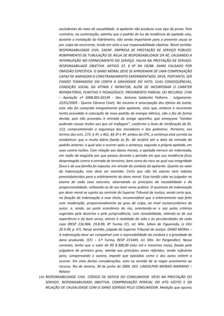 excludentes do nexo de causalidade. A apelante não produziu esse tipo de prova. Pelo
contrário, na contestação, admitiu que o padrão de luz da residência da apelada caiu,
durante a instalação do hidrômetro, não sendo importante para a presente causa se
por culpa da recorrente, tendo em vista a sua responsabilidade objetiva. Neste sentido:
RESPONSABILIDADE CIVIL. CAENF. EMPRESA DE PRESTAÇÃO DE SERVIÇO PÚBLICO.
ROMPIMENTO DE TUBULAÇÃO DE ÁGUA DE RESPONSABILIDADE DA RÉ, CAUSANDO A
INTERRUPÇÃO NO FORNECIMENTO DO SERVIÇO. FALHA NA PRESTAÇÃO DE SERVIÇO.
RESPONSABILIADE OBJETIVA. ARTIGO 37, § 6º DA CR/88. DANO CAUSADO POR
OMISSÃO ESPECÍFICA. O DANO MORAL DEVE SE APROXIMAR DE UMA COMPENSAÇÃO
CAPAZ DE AMENIZAR O CONSTRANGIMENTO EXPERIMENTADO. DEVE, PORTANTO, SER
FIXADO TOMANDOSE EM CONTA A GRAVIDADE DO FATO, SUAS CONSEQÜÊNCIAS,
CONDIÇÃO SOCIAL DA VÍTIMA E INFRATOR, ALÉM DE INCORPORAR O CARÁTER
REPARATÓRIO, PUNITIVO E PEDAGÓGICO. PROVIMENTO PARCIAL DO RECURSO. (TJRJ
– Apelação nº 2008.001.65539 - Des. Antonio Saldanha Palheiro - Julgamento:
22/01/2009 - Quinta Câmara Cível). No tocante à antecipação dos efeitos da tutela,
esta não foi cumprida integralmente pela apelante, visto que, embora a recorrente
tenha procedido à colocação de novo padrão de energia elétrica, não o fez da forma
devida, pois não procedeu à retirada do antigo aparelho, que ameaçava “tombar
podendo causar lesões aos que ali trafegam”, conforme o Auto de Verificação de fls.
113, comprometendo a segurança dos moradores e dos pedestres. Portanto, nos
termos dos arts. 273, § 3º, e 461, §§ 3º e 4º, ambos do CPC, a sentença está correta ao
estabelecer que a multa diária fixada às fls. 66 incidirá até a data da retirada do
padrão anterior, a qual veio a ocorrer após a sentença, segundo a própria apelada, em
suas contra-razões. Com relação aos danos morais, a apelada merece ser indenizada,
em razão da angústia por que passou durante o período em que sua residência ficou
desprotegida contra a entrada de terceiros, bem como do risco ao qual sua integridade
física e de sua família foi exposta, em virtude da conduta da apelante. Quanto ao valor
da indenização, este deve ser mantido. Certo que não há valores nem tabelas
preestabelecidas para o arbitramento do dano moral. Essa tarefa cabe ao julgador no
exame de cada caso concreto, observando os princípios da razoabilidade e da
proporcionalidade, utilizando-se de seu bom senso prático. O quantum da indenização
por dano moral se sujeita ao controle do Superior Tribunal de Justiça, sendo certo que,
na fixação da indenização a esse título, recomendável que o arbitramento seja feito
com moderação, proporcionalmente ao grau de culpa, ao nível socioeconômico do
autor, e, ainda, ao porte econômico do réu, orientando-se o Juiz pelos critérios
sugeridos pela doutrina e pela jurisprudência, com razoabilidade, valendo-se de sua
experiência e do bom senso, atento à realidade da vida e às peculiaridades de cada
caso (RESP 216.904, 19.8.99, 4ª Turma STJ, rel. Min. Sálvio de Figueiredo, in DJU
20.9.99, p. 67). Nesse sentido, julgado do Superior Tribunal de Justiça: DANO MORAL –
A indenização deve ser compatível com a reprovabilidade da conduta e a gravidade do
dano produzido. (STJ – 3.ª Turma, RESP 215449, rel. Min. Ari Pargendler). Nesse
contexto, tenho que o valor de R$ 8.300,00 (oito mil e trezentos reais), fixado pela
julgadora de primeiro grau, atende aos princípios antes referidos, sendo suficiente
para, compensando a autora, impedir que episódios como o dos autos voltem a
ocorrer. Em vista destas considerações, voto no sentido de se negar provimento ao
recurso. Rio de Janeiro, 30 de junho de 2009. DES. LINDOLPHO MORAIS MARINHO –
Relator
159. RESPONSABILIDADE CIVIL. CÓDIGO DE DEFESA DO CONSUMIDOR. VÍCIO NA PRESTAÇÃO DO
SERVIÇO. RESPONSABILIDADE OBJETIVA. COMPROVAÇÃO PERICIAL DO ATO ILÍCITO E DA
RELAÇÃO DE CAUSALIDADE COM O DANO SOFRIDO PELO CONSUMIDOR. Medição que apurou

 
