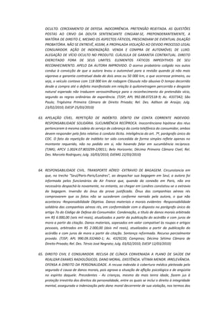 OCULTO. CERCEAMENTO DE DEFESA. INOCORRÊNCIA. PRETENSÃO REJEITADA. AS QUESTÕES
POSTAS AO CRIVO DA DOUTA SENTENCIANTE CINGIAM-SE, PREPONDERANTEMENTE, A
MATÉRIA DE DIREITO E, MESMO OS ASPECTOS FÁTICOS, PRESCINDIAM DE EVENTUAL DILAÇÃO
PROBATÓRIA. NÃO SE ENTREVÊ, ASSIM, A PROPALADA VIOLAÇÃO AO DEVIDO PROCESSO LEGAL
CONSUMIDOR. AÇÃO DE INDENIZAÇÃO. VENDA E COMPRA DE AUTOMÓVEL DE LUXO.
ALEGAÇÃO DE VÍCIO OCULTO NO PRODUTO. CLÁUSULA DE GARANTIA CONTRATUAL. DIREITO
EXERCITADO FORA DE SEUS LIMITES. ELEMENTOS FÁTICOS IMPEDITIVOS DE SEU
RECONHECIMENTO. APELO DA AUTORA IMPROVIDO. O acervo probatório coligido nos autos
conduz à convicção de que a autora levou o automóvel para a revisão quando já não mais
vigorava a garantia contratual dada de dois anos ou 50 000 km, o que ocorresse primeiro, ou
seja, o veículo contava com 118 000 km de rodagem Cláusula não abusiva O tempo decorrido
desde a compra até o defeito manifestado em relação à quilometragem percorrida e desgaste
natural esperado não traduzem verossimilhança para o reconhecimento do pretendido vício,
segundo as regras ordinárias de experiência. (TJSP; APL 992.08.072518-9; Ac. 4337342; São
Paulo; Trigésima Primeira Câmara de Direito Privado; Rel. Des. Adilson de Araújo; Julg.
23/02/2010; DJESP 25/03/2010)
63. APELAÇÃO CÍVEL. REPETIÇÃO DE INDÉBITO. DÉBITO EM CONTA CORRENTE INDEVIDO.
RESPONSABILIDADE SOLIDÁRIA. SUCUMBÊNCIA RECÍPROCA. Inocorrênciana hipótese dos réus
pertencerem à mesma cadeia do serviço de cobrança da conta telefônica do consumidor, ambos
devem responder pelo fato relativo à conduta ilícita. Inteligência do art. 7º, parágrafo único do
CDC. O fato da repetição de indébito ter sido concedida de forma simples reflete apenas no
montante requerido, não no pedido em si, não havendo falar em sucumbência recíproca.
(TJMG; APCV 1.0024.07.803299-2/0011; Belo Horizonte; Décima Primeira Câmara Cível; Rel.
Des. Marcelo Rodrigues; Julg. 10/03/2010; DJEMG 22/03/2010)

64. RESPONSABILIDADE CIVIL. TRANSPORTE AÉREO -EXTRAVIO DE BAGAGEM. Circunstancia em
que, no trecho "Seul/Paris-Paris/Londres", ao despachar sua bagagem em Seul, a autora foi
informada pelos funcionários da Air France que, quando da conexão em Paris, não era
necessário despachá-la novamente, no entanto, ao chegar em Londres constatou-se o extravio
da bagagem. Inversão do ônus da prova justificada. Ônus das companhias aéreas rés
comprovarem que os fatos não se sucederam conforme narrado pela autora, o que não
aconteceu -Responsabilidade Objetiva. Danos materiais e morais evidentes -Responsabilidade
solidária das companhias aéreas rés, em conformidade com o disposto no parágrafo único do
artigo 7o do Código de Defesa do Consumidor. Condenação, a título de danos morais arbitrada
em R$ 6.000,00 (seis mil reais), atualizados a partir da publicação do acórdão e com juros de
mora a partir da citação. Danos materiais, sopesados em valor compatível às roupas e artigos
pessoais, arbitrados em R$ 2.000,00 (dois mil reais), atualizados a partir da publicação do
acórdão e com juros de mora a partir da citação. Sentença reformada. Recurso parcialmente
provido. (TJSP; APL 990.09.332460-1; Ac. 4329220; Campinas; Décima Sétima Câmara de
Direito Privado; Rel. Des. Térsio José Negrato; Julg. 03/02/2010; DJESP 12/03/2010)
65. DIREITO CIVIL E CONSUMIDOR. RECUSA DE CLÍNICA CONVENIADA A PLANO DE SAÚDE EM
REALIZAR EXAMES RADIOLÓGICOS. DANO MORAL. EXISTÊNCIA. VÍTIMA MENOR. IRRELEVÂNCIA.
OFENSA A DIREITO DA PERSONALIDADE. A recusa indevida à cobertura médica pleiteada pelo
segurado é causa de danos morais, pois agrava a situação de aflição psicológica e de angústia
no espírito daquele. Precedentes - As crianças, mesmo da mais tenra idade, fazem jus à
proteção irrestrita dos direitos da personalidade, entre os quais se inclui o direito à integridade
mental, assegurada a indenização pelo dano moral decorrente de sua violação, nos termos dos

 