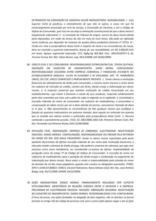 DETRIMENTO DA CONVENÇÃO DE VARSÓVIA VALOR INDENIZATÓRIO. RAZOABILIDADE. I - Esta
Superior Corte já pacificou o entendimento de que não se aplica, a casos em que há
constrangimento provocado por erro de serviço, a Convenção de Varsóvia, e sim o Código de
Defesa do Consumidor, que traz em seu bojo a orientação constitucional de que o dano moral é
amplamente indenizável. II - A conclusão do Tribunal de origem, acerca do dano moral sofrido
pelos Agravados, em razão do atraso do vôo em mais de onze horas, não pode ser afastada
nesta instância, por depender do reexame do quadro fático-probatório (Súmula nº 7/STJ). III Tendo em vista a jurisprudência desta Corte a respeito do tema e as circunstâncias da causa,
deve ser mantido o quantum indenizatório, diante de sua razoabilidade, em R$ 3.000,00 (três
mil reais). Agravo regimental improvido. (STJ; AgRg-Ag 903.969; Proc. 2007/0109757-3; RJ;
Terceira Turma; Rel. Min. Sidnei Beneti; Julg. 09/12/2008; DJE 03/02/2009)
68. DIREITO CIVIL E DO CONSUMIDOR. RESPONSABILIDADE EXTRACONTRATUAL. DÍVIDA QUITADA.
INSCRIÇÃO EM CADASTRO DE INADIMPLENTES. DANO MORAL CONFIGURADO.
RESPONSABILIDADE SOLIDÁRIA ENTRE EMPRESA COMERCIAL E FINANCEIRA ATUANETE NO
ESTABELECIMENTO DAQUELA. CULPA IN ELIGENDO E IN VIGILANDO. ART. 7º, PARÁGRAFO
ÚNICO, DO CDC. APELO CONHECIDO E PARCIALMENTE PROVIDO. 1. Tendo ciência a instituição
financeira do adimplemento da dívida pelo consumidor, e mesmo assim inscreve o nome deste
em cadastro de restrição ao crédito, comete ato ilícito, dando ensejo a indenização por danos
morais. 2. A empresa comercial que mantém instituição de crédito terceirizada em seu
estabelecimento, cujo mister é financiar a venda de seus produtos, responde solidariamente
pelos atos cometidos por esta, sob o pálio da culpa in eligendo ou in vigilando. 3. Constatada a
inscrição indevida do nome do consumidor em cadastro de inadimplentes, é prescindível a
comprovação do abalo moral, por ser o dano aferido de pronto, comumente chamado de dano
in re ipsa. 4. Não apresentando as circunstâncias da lide qualquer motivo que justifique a
fixação do quantum indenizatório em patamar elevado, deve aquele ser arbitrado em quantia
que se amolde aos valores aceitos e praticados pela jurisprudência desta Corte. 5. Recurso
conhecido e parcialmente provido. (TJCE; AC 2003.0006.1002-5/0; Primeira Câmara Cível; Rel.
Des. Fernando Luiz Ximenes Rocha; DJCE 25/09/2009)
69. APELAÇÃO CÍVEL. INDENIZAÇÃO. EMPRESA DE COBRANÇA. ILEGITIMIDADE. NEGATIVAÇÃO
INDEVIDA. DANOS MORAIS. CONFIGURAÇÃO. RESPONSABILIDADE DO CREDOR PELA RETIRADA
DO NOME DO ROL DOS MAUS PAGADORES. Sendo os danos morais suportados pela parte
apelante decorrentes da efetiva inscrição indevida de seu nome pela instituição financeira, e
não pela simples cobrança de dívida já paga, não poderá a empresa de cobrança, que agiu sem
excessos como mera mandatária, ser considerada co-autora da ofensa. Inaplicabilidade do
parágrafo único do artigo 7º do Código de Defesa do Consumidor. A inscrição de nome em
cadastros de inadimplentes após a quitação da dívida enseja a condenação ao pagamento de
indenização por danos morais. Recai sobre o credor a responsabilidade pela retirada do nome
do devedor do rol dos maus pagadores, quando este cumpre as obrigações assumidas. (TJMG;
APCV 1.0194.07.069621-7/0011; Coronel Fabriciano; Nona Câmara Cível; Rel. Des. José Antônio
Braga; Julg. 03/11/2009; DJEMG 14/12/2009)

70. AÇÃO INDENIZATÓRIA. DANOS MORAIS. FINANCIAMENTO REALIZADO POR SUPOSTO
ESTELIONATÁRIO. INEXISTÊNCIA DE RELAÇÃO JURÍDICA ENTRE O DEVEDOR E A EMPRESA.
PRELIMINAR DE ILEGITIMIDADE PASSSIVA. REJEIÇÃO. OBRIGAÇÃO SOLIDÁRIA. NEGATIVAÇÃO
NO CADASTRO DE INADIMPLENTES. DANOS MORAIS. RESPONSABILIDADE CIVIL CONFIGURADA.
O ônus da prova, nas ações fundadas na alegação de fato negativo, não se distribui na forma
prevista no artigo 333 do código de processo civil, pois o autor pode apenas negar o ato ou fato

 
