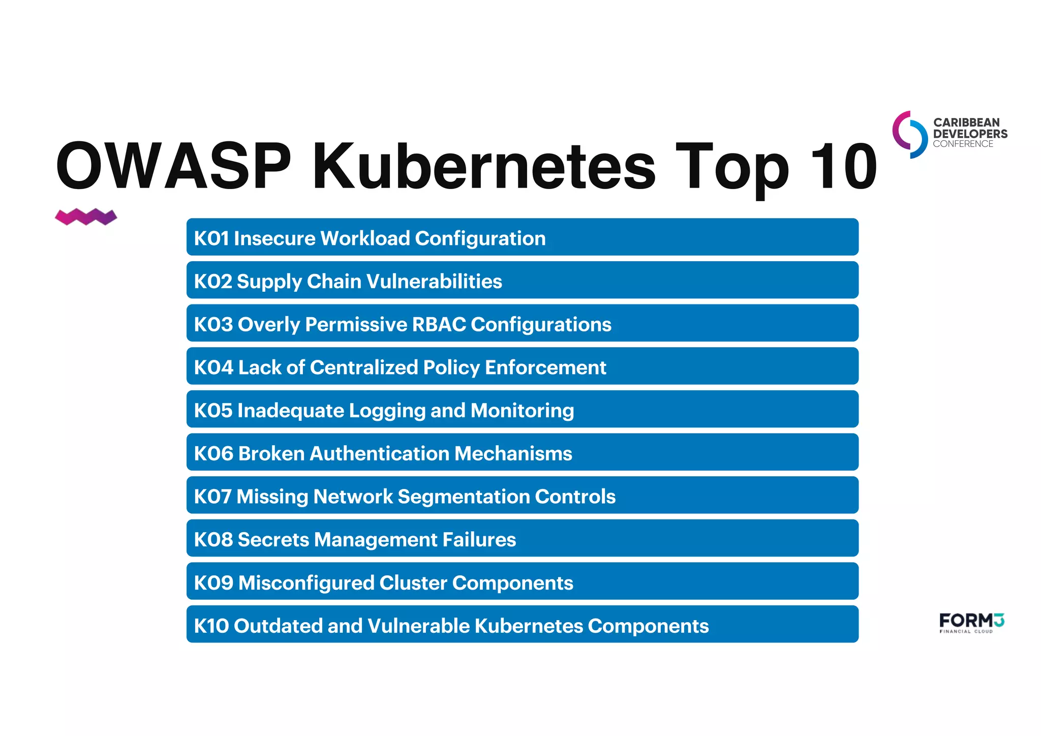 OWASP Kubernetes Top 10
K01 Insecure Workload Configuration
K02 Supply Chain Vulnerabilities
K03 Overly Permissive RBAC Configurations
K04 Lack of Centralized Policy Enforcement
K05 Inadequate Logging and Monitoring
K06 Broken Authentication Mechanisms
K07 Missing Network Segmentation Controls
K08 Secrets Management Failures
K09 Misconfigured Cluster Components
K10 Outdated and Vulnerable Kubernetes Components
 
