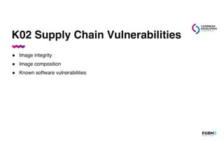 K02 Supply Chain Vulnerabilities
● Image integrity
● Image composition
● Known software vulnerabilities
 