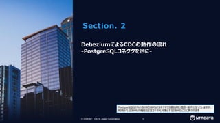 © 2026 NTT DATA Japan Corporation 12
© 2026 NTT DATA Japan Corporation
Section. 2
DebeziumによるCDCの動作の流れ
-PostgreSQLコネクタを例に-
PostgreSQL以外の他のRDBMSのコネクタでも概ね同じ概念・動作になっていますが、
利用されるDBMSの機能などはコネクタ(対象とするDBMS)ごとに異なります
 