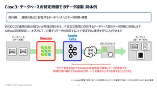 © 2026 NTT DATA Japan Corporation 28
Case3: データベースの特定断面でのデータ複製 具体例
別のDCなど遠隔の拠点間でNW帯域が限られる、不安定な環境に存在するデータベース間のデータ同期に利用します
Kafkaの送達保証(※1)を活かして、少量ずつデータを送信することで安定的な連携を行うことができます
具体例: 遠隔の拠点に存在するデータベースへのデータ同期・複製
※1: Kafkaが標準で提供するデータの送受信においてデータの重複や欠損(データロスト)を防ぐための仕組みや機構
データベース
(ソース側)
Apache
Kafka
ターゲット
(同一サイト内)
(同じDC内など)
遠隔
NW
やや不安定なNWでもKafkaの送達保証で確実にデータが送信でき、
帯域が細い場合でもKafkaのサポートで少量を少しずつ送信することができる
Debezium
 