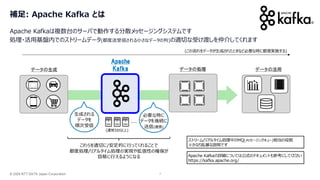 © 2026 NTT DATA Japan Corporation 7
補足: Apache Kafka とは
Apache Kafkaは複数台のサーバで動作する分散メッセージングシステムです
処理・活用基盤内でのストリームデータ(都度送受信される小さなデータの列)の適切な受け渡しを仲介してくれます
Apache Kafkaの詳細については公式のドキュメントも参考にしてください
https://kafka.apache.org/
データの生成 データの活用
Apache
Kafka データの処理
(この流れをデータが生成されたときなど必要な時に都度実施する)
生成される
データを
順次受信
必要な時に
データを後続に
送信(連携)
これらを適切に/安定的に行ってくれることで
都度処理/リアルタイム処理の実現や拡張性の確保が
容易に行えるようになる
ストリーム/リアルタイム処理中のMQ(メッセージングキュー)相当の役割
※かなり乱暴な説明です
…
(通常3台以上)
 