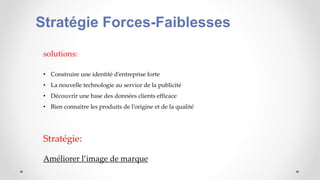 Stratégie Forces-Faiblesses
solutions:
• Construire une identité d’entreprise forte
• La nouvelle technologie au service de la publicité
• Découvrir une base des données clients efficace
• Bien connaitre les produits de l’origine et de la qualité
Stratégie:
Améliorer l’image de marque
 