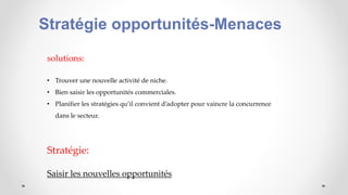 Stratégie opportunités-Menaces
solutions:
• Trouver une nouvelle activité de niche.
• Bien saisir les opportunités commerciales.
• Planifier les stratégies qu’il convient d’adopter pour vaincre la concurrence
dans le secteur.
Stratégie:
Saisir les nouvelles opportunités
 