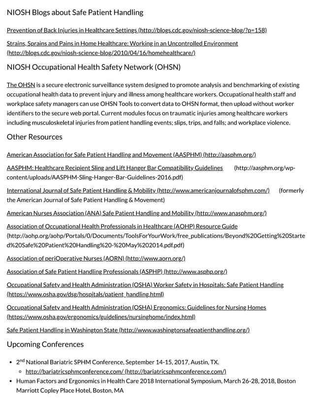 Cdc safe patient handling and mobility (sphm) niosh workplace safety and health topic