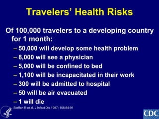7
Travelers’ Health Risks
Of 100,000 travelers to a developing country
for 1 month:
– 50,000 will develop some health problem
– 8,000 will see a physician
– 5,000 will be confined to bed
– 1,100 will be incapacitated in their work
– 300 will be admitted to hospital
– 50 will be air evacuated
– 1 will die
Steffen R et al. J Infect Dis 1987; 156:84-91
 