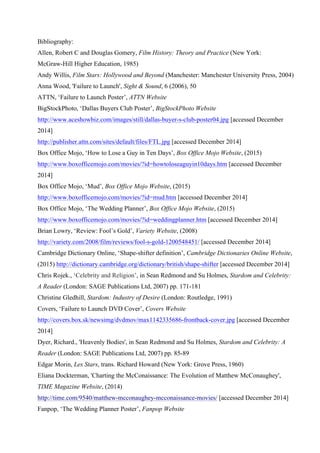 Bibliography:
Allen, Robert C and Douglas Gomery, Film History: Theory and Practice (New York:
McGraw-Hill Higher Education, 1985)
Andy Willis, Film Stars: Hollywood and Beyond (Manchester: Manchester University Press, 2004)
Anna Wood, 'Failure to Launch', Sight & Sound, 6 (2006), 50
ATTN, ‘Failure to Launch Poster’, ATTN Website
BigStockPhoto, ‘Dallas Buyers Club Poster’, BigStockPhoto Website
http://www.aceshowbiz.com/images/still/dallas-buyer-s-club-poster04.jpg [accessed December
2014]
http://publisher.attn.com/sites/default/files/FTL.jpg [accessed December 2014]
Box Office Mojo, ‘How to Lose a Guy in Ten Days’, Box Office Mojo Website, (2015)
http://www.boxofficemojo.com/movies/?id=howtoloseaguyin10days.htm [accessed December
2014]
Box Office Mojo, ‘Mud’, Box Office Mojo Website, (2015)
http://www.boxofficemojo.com/movies/?id=mud.htm [accessed December 2014]
Box Office Mojo, ‘The Wedding Planner’, Box Office Mojo Website, (2015)
http://www.boxofficemojo.com/movies/?id=weddingplanner.htm [accessed December 2014]
Brian Lowry, ‘Review: Fool’s Gold’, Variety Website, (2008)
http://variety.com/2008/film/reviews/fool-s-gold-1200548451/ [accessed December 2014]
Cambridge Dictionary Online, ‘Shape-shifter definition’, Cambridge Dictionaries Online Website,
(2015) http://dictionary.cambridge.org/dictionary/british/shape-shifter [accessed December 2014]
Chris Rojek., ‘Celebrity and Religion’, in Sean Redmond and Su Holmes, Stardom and Celebrity:
A Reader (London: SAGE Publications Ltd, 2007) pp. 171-181
Christine Gledhill, Stardom: Industry of Desire (London: Routledge, 1991)
Covers, ‘Failure to Launch DVD Cover’, Covers Website
http://covers.box.sk/newsimg/dvdmov/max1142335686-frontback-cover.jpg [accessed December
2014]
Dyer, Richard., 'Heavenly Bodies', in Sean Redmond and Su Holmes, Stardom and Celebrity: A
Reader (London: SAGE Publications Ltd, 2007) pp. 85-89
Edgar Morin, Les Stars, trans. Richard Howard (New York: Grove Press, 1960)
Eliana Dockterman, 'Charting the McConaissance: The Evolution of Matthew McConaughey',
TIME Magazine Website, (2014)
http://time.com/9540/matthew-mcconaughey-mcconaissance-movies/ [accessed December 2014]
Fanpop, ‘The Wedding Planner Poster’, Fanpop Website
 