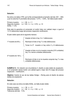 142 Planes de Aceptación por Atributos Tablas Dodge - Romig
Control Estadístico de Calidad Hernán Darío Rendón C.
Solución:
Se entra a la tabla LTPD, por la fila correspondiente al tamaño del lote: 601 – 800;
y por la columna % promedio del proceso: 1.01% - 1.50%, Se halla el plan doble:
Primera muestra: n1 = 90; c1 = 1
Segunda muestra: n2 = 125; n1 + n2 = 215; c2 = 6
AOQL = 1.5%
Este plan le garantiza al comprador el recibir lotes con calidad mejor o igual al
1.5 % defectuoso luego del proceso inspección rectificación.
El plan doble opera de la siguiente manera:
Aceptar el lote si hay: 0 o 1 defectuosos
1º muestra de 90 u. Rechazar el lote si hay 7 o más defectuosos
Tomar la 2º muestra si hay entre 2 y 6 defectuosos
Aceptar el lote si en la muestra conjunta (215 unidades)
hay 6 o menos unidades defectuosas.
2º muestra de 125 u.
Rechazar el lote si en la muestra conjunta hay 7 o mas
unidades defectuosas
EJEMPLO 4: En relación con el problema 3, diseñe un plan doble de aceptación,
si el comprador desea recibir una calidad igual o mejor del 2% luego del proceso
inspección – rectificación.
Objetivo: Ilustrar el uso de las tablas Dodge – Romig para el diseño de planes
dobles de aceptación.
Solución:
En este caso se entra a la tabla AOQL, se halla el plan doble:
Primera muestra: n1 = 38; c1 = 0
Segunda muestra: n2 = 82; n1 + n2 = 120; c2 = 4
Tolerancia del lote: 7.3%
 