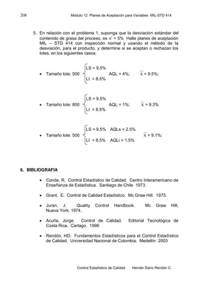 208 Módulo 12 Planes de Aceptación para Variables MIL-STD 414
Control Estadístico de Calidad Hernán Darío Rendón C.
5. En relación con el problema 1, suponga que la desviación estándar del
contenido de grasa del proceso, es ’ = 5% Halle planes de aceptación
MIL – STD 414 con inspección normal y usando el método de la
desviación, para el producto, y determine si se aceptan o rechazan los
lotes, en los siguientes casos:
LS = 9.5%
 Tamaño lote: 500 AQL = 4%; X = 9.5%;
LI = 8.5%
LS = 9.5%
 Tamaño lote: 800 AQL = 1%; X = 9.3%
LI = 8.5%
LS = 9.5% AQLs = 2.5%
 Tamaño lote: 500 X = 9.1%;
LI = 8.5% AQLi = 1.5%
6. BIBLIOGRAFIA
 Conde, R. Control Estadístico de Calidad. Centro Interamericano de
Enseñanza de Estadística. Santiago de Chile 1973.
 Grant, E. Control de Calidad Estadístico. Mc Graw Hill. 1975.
 Juran, J. Quality Control Handbook. Mc Graw Hill,
Nueva York. 1974.
 Acuña, Jorge. Control de Calidad. Editorial Tecnológica de
Costa Rica. Cartago. 1998
 Rendón, HD. Fundamentos Estadísticos para el Control Estadístico
de Calidad. Universidad Nacional de Colombia. Medellín 2003
 