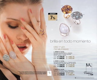 1
3
2
3. 65640-8✹ Sortija
Diamantes naturales 0,10 ct. y Calcedonia
natural 14 ct., clavados. Macizo. Oro blanco.
12-18. € 1.045,00 € 971,85
20-24. € 1.165,00 € 1.083,45
1. 65638-8✹ Sortija
Diamantes naturales 0,06 ct., Amatistas
naturales 2,30 ct. y Citrinos naturales
2,20 ct., clavados. Macizo.
12-18. € 1.490,00 € 1.385,70
20-24. € 1.565,00 € 1.455,45
2. 65639-4✹ Sortija
Diamantes naturales 0,06 ct. y Topacios azules
naturales 6,40 ct. clavados. Macizo. Oro blanco.
12-18. € 1.525,00 € 1.418,25
20-24. € 1.580,00 € 1.469,40
ORO 1ª LEY
750 MILÉSIMAS
brilla en todo momento
síguenos en: facebook.com/ByMiguelAngelLeal
✹ Todas las piezas montadas con Piedras y/o Diamantes Naturales en las que se
indique este símbolo irán acompañadas de su correspondiente “Certificado
Gemológico” expedido por el reconocido Laboratorio Gemológico GEMACYT.
7%
DESCUENTO
OK-22-23 CD16 ESP.qxp_Maquetación 1 08/07/15 19:38 Página 1
 