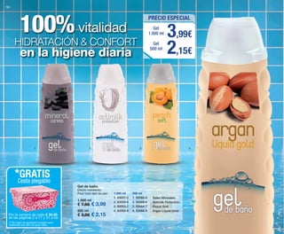 HIDRATACIÓN & CONFORT
vitalidad100%
en la higiene diaria
1 2 3 4
50
Gel de baño.
Efecto hidratante.
Para todo tipo de piel.
1.000 ml
€ 7,95 € 3,99
500 ml
€ 3,95 € 2,15
1.000 ml
1. 83057-0
2. 83058-6
3. 83053-7
4. 83055-8
Sales Minerales.
Actimilk Protection.
Peach Soft.
Argán Liquid Gold.
500 ml
1. 83068-0
2. 83069-6
3. 83064-7
4. 83066-9
PRECIO ESPECIAL
3,99€1.000 ml
2,15€500 ml
Gel
Gel
Por la compra de cada € 30,00
de las páginas 2 a 17 y 31 a 50.
*GRATIS
Cesta plegable
(*) En caso de agotarse el regalo será
sustituido por otro de igual valor.
OK-50-51 PEN C16.qxp_Maquetación 1 08/07/15 19:10 Página 1
 
