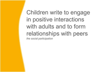 Children write to engage
in positive interactions
with adults and to form
relationships with peers
the social participation
 