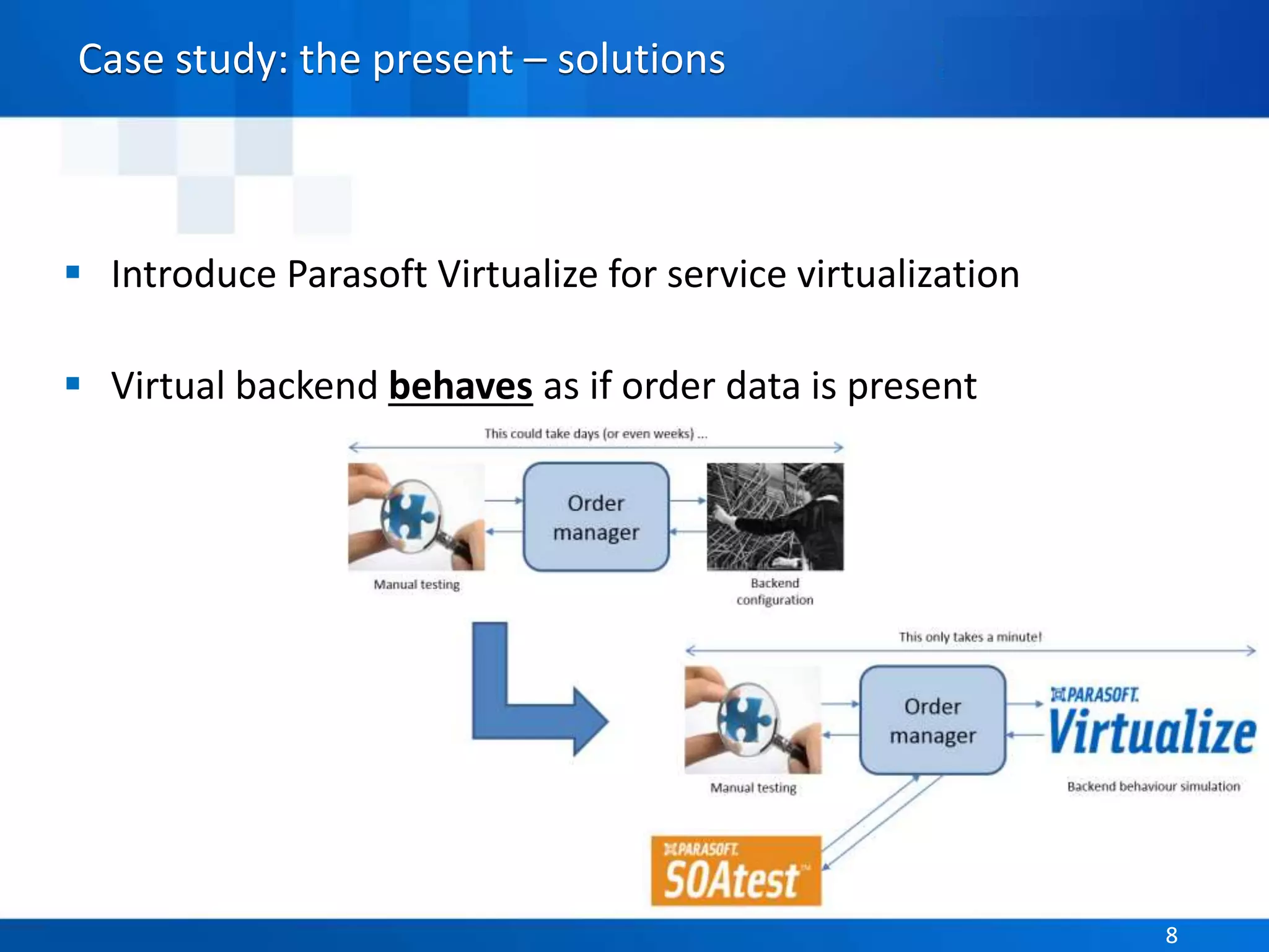 Parasoft Proprietary and Confidential 8Parasoft Proprietary and Confidential 8
Case study: the present – solutions
 Introduce Parasoft Virtualize for service virtualization
 Virtual backend behaves as if order data is present
 