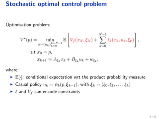Stochastic optimal control problem
Optimisation problem:
V (p) = min
π={uk}k=N−1
k=0
E Vf (xN , ξN ) +
N−1
k=0
k(xk, uk, ξk) ,
s.t x0 = p,
xk+1 = Aξk
xk + Bξk
uk + wξk
,
where:
E[·]: conditional expectation wrt the product probability measure
Casual policy uk = ψk(p,ξξξk−1), with ξξξk = (ξ0, ξ1, . . . , ξk)
and Vf can encode constraints
6 / 28
 