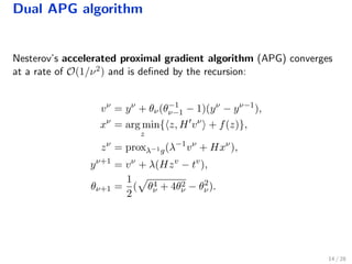 Dual APG algorithm
Nesterov’s accelerated proximal gradient algorithm (APG) converges
at a rate of O(1/ν2) and is deﬁned by the recursion:
vν
= yν
+ θν(θ−1
ν−1 − 1)(yν
− yν−1
),
xν
= arg min
z
{ z, H vν
+ f(z)},
zν
= proxλ−1g(λ−1
vν
+ Hxν
),
yν+1
= vν
+ λ(Hzv
− tv
),
θν+1 =
1
2
( θ4
ν + 4θ2
ν − θ2
ν).
14 / 28
 