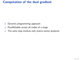 Computation of the dual gradient
Dynamic programming approach
Parallelisable across all nodes of a stage
The solve step involves only matrix-vector products
20 / 28
 