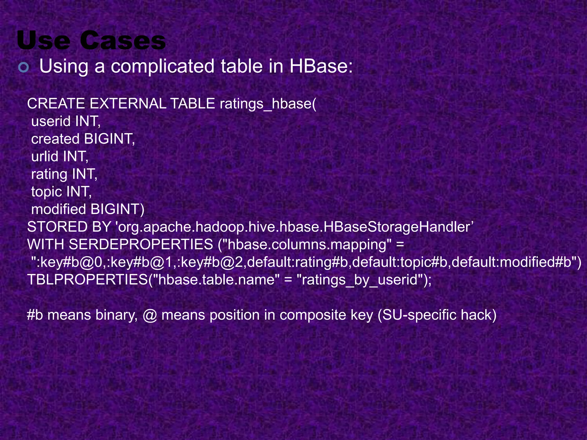 Use Cases
 Using a complicated table in HBase:
CREATE EXTERNAL TABLE ratings_hbase(
userid INT,
created BIGINT,
urlid INT,
rating INT,
topic INT,
modified BIGINT)
STORED BY 'org.apache.hadoop.hive.hbase.HBaseStorageHandler’
WITH SERDEPROPERTIES ("hbase.columns.mapping" =
":key#b@0,:key#b@1,:key#b@2,default:rating#b,default:topic#b,default:modified#b")
TBLPROPERTIES("hbase.table.name" = "ratings_by_userid");
#b means binary, @ means position in composite key (SU-specific hack)
 