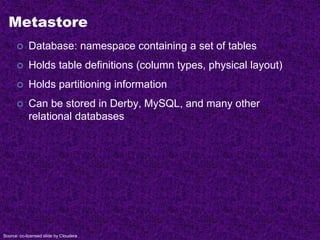 Metastore
 Database: namespace containing a set of tables
 Holds table definitions (column types, physical layout)
 Holds partitioning information
 Can be stored in Derby, MySQL, and many other
relational databases
Source: cc-licensed slide by Cloudera
 
