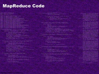 MapReduce Code
import java.io.IOException;
import java.util.ArrayList;
import java.util.Iterator;
import java.util.List;
import org.apache.hadoop.fs.Path;
import org.apache.hadoop.io.LongWritable;
import org.apache.hadoop.io.Text;
import org.apache.hadoop.io.Writable;
import org.apache.hadoop.io.WritableComparable;
import org.apache.hadoop.mapred.FileInputFormat;
import org.apache.hadoop.mapred.FileOutputFormat;
import org.apache.hadoop.mapred.JobConf;
import org.apache.hadoop.mapred.KeyValueTextInputFormat;
import org.apache.hadoop.mapred.Mapper;
import org.apache.hadoop.mapred.MapReduceBase;
import org.apache.hadoop.mapred.OutputCollector;
import org.apache.hadoop.mapred.RecordReader;
import org.apache.hadoop.mapred.Reducer;
import org.apache.hadoop.mapred.Reporter;
import org.apache.hadoop.mapred.SequenceFileInputFormat;
import org.apache.hadoop.mapred.SequenceFileOutputFormat;
import org.apache.hadoop.mapred.TextInputFormat;
import org.apache.hadoop.mapred.jobcontrol.Job;
import org.apache.hadoop.mapred.jobcontrol.JobControl;
import org.apache.hadoop.mapred.lib.IdentityMapper;
public class MRExample {
public static class LoadPages extends MapReduceBase
implements Mapper<LongWritable, Text, Text, Text> {
public void map(LongWritable k, Text val,
OutputCollector<Text, Text> oc,
Reporter reporter) throws IOException {
// Pull the key out
String line = val.toString();
int firstComma = line.indexOf(',');
String key = line.substring(0, firstComma);
String value = line.substring(firstComma + 1);
Text outKey = new Text(key);
// Prepend an index to the value so we know which file
// it came from.
Text outVal = new Text("1" + value);
oc.collect(outKey, outVal);
}
}
public static class LoadAndFilterUsers extends MapReduceBase
implements Mapper<LongWritable, Text, Text, Text> {
public void map(LongWritable k, Text val,
OutputCollector<Text, Text> oc,
Reporter reporter) throws IOException {
// Pull the key out
String line = val.toString();
int firstComma = line.indexOf(',');
String value = line.substring(firstComma + 1);
int age = Integer.parseInt(value);
if (age < 18 || age > 25) return;
String key = line.substring(0, firstComma);
Text outKey = new Text(key);
// Prepend an index to the value so we know which file
// it came from.
Text outVal = new Text("2" + value);
oc.collect(outKey, outVal);
}
}
public static class Join extends MapReduceBase
implements Reducer<Text, Text, Text, Text> {
public void reduce(Text key,
Iterator<Text> iter,
OutputCollector<Text, Text> oc,
Reporter reporter) throws IOException {
// For each value, figure out which file it's from and
store it
// accordingly.
List<String> first = new ArrayList<String>();
List<String> second = new ArrayList<String>();
while (iter.hasNext()) {
Text t = iter.next();
String value = t.toString();
if (value.charAt(0) == '1')
first.add(value.substring(1));
else second.add(value.substring(1));
reporter.setStatus("OK");
}
// Do the cross product and collect the values
for (String s1 : first) {
for (String s2 : second) {
String outval = key + "," + s1 + "," + s2;
oc.collect(null, new Text(outval));
reporter.setStatus("OK");
}
}
}
}
public static class LoadJoined extends MapReduceBase
implements Mapper<Text, Text, Text, LongWritable> {
public void map(
Text k,
Text val,
OutputCollector<Text, LongWritable> oc,
Reporter reporter) throws IOException {
// Find the url
String line = val.toString();
int firstComma = line.indexOf(',');
int secondComma = line.indexOf(',', firstComma);
String key = line.substring(firstComma, secondComma);
// drop the rest of the record, I don't need it anymore,
// just pass a 1 for the combiner/reducer to sum instead.
Text outKey = new Text(key);
oc.collect(outKey, new LongWritable(1L));
}
}
public static class ReduceUrls extends MapReduceBase
implements Reducer<Text, LongWritable, WritableComparable,
Writable> {
public void reduce(
Text key,
Iterator<LongWritable> iter,
OutputCollector<WritableComparable, Writable> oc,
Reporter reporter) throws IOException {
// Add up all the values we see
long sum = 0;
while (iter.hasNext()) {
sum += iter.next().get();
reporter.setStatus("OK");
}
oc.collect(key, new LongWritable(sum));
}
}
public static class LoadClicks extends MapReduceBase
implements Mapper<WritableComparable, Writable, LongWritable,
Text> {
public void map(
WritableComparable key,
Writable val,
OutputCollector<LongWritable, Text> oc,
Reporter reporter) throws IOException {
oc.collect((LongWritable)val, (Text)key);
}
}
public static class LimitClicks extends MapReduceBase
implements Reducer<LongWritable, Text, LongWritable, Text> {
int count = 0;
public void reduce(
LongWritable key,
Iterator<Text> iter,
OutputCollector<LongWritable, Text> oc,
Reporter reporter) throws IOException {
// Only output the first 100 records
while (count < 100 && iter.hasNext()) {
oc.collect(key, iter.next());
count++;
}
}
}
public static void main(String[] args
JobConf lp = new JobConf(MRExampl
lp.setJobName("Load Pages");
lp.setInputFormat(TextInputFormat
lp.setOutputKeyClass(Text.class);
lp.setOutputValueClass(Text.class
lp.setMapperClass(LoadPages.class
FileInputFormat.addInputPath(lp,
Path("/user/gates/pages"));
FileOutputFormat.setOutputPath(lp
new Path("/user/gates/tmp/ind
lp.setNumReduceTasks(0);
Job loadPages = new Job(lp);
JobConf lfu = new JobConf(MRExamp
lfu.setJobName("Load and Filter U
lfu.setInputFormat(TextInputForma
lfu.setOutputKeyClass(Text.class)
lfu.setOutputValueClass(Text.clas
lfu.setMapperClass(LoadAndFilterU
FileInputFormat.addInputPath(lfu,
Path("/user/gates/users"));
FileOutputFormat.setOutputPath(lf
new Path("/user/gates/tmp/fil
lfu.setNumReduceTasks(0);
Job loadUsers = new Job(lfu);
JobConf join = new JobConf(MRExam
join.setJobName("Join Users and P
join.setInputFormat(KeyValueTextI
join.setOutputKeyClass(Text.class
join.setOutputValueClass(Text.cla
join.setMapperClass(IdentityMappe
join.setReducerClass(Join.class);
FileInputFormat.addInputPath(join
Path("/user/gates/tmp/indexed_pages"));
FileInputFormat.addInputPath(join
Path("/user/gates/tmp/filtered_users"));
FileOutputFormat.setOutputPath(jo
Path("/user/gates/tmp/joined"));
join.setNumReduceTasks(50);
Job joinJob = new Job(join);
joinJob.addDependingJob(loadPages
joinJob.addDependingJob(loadUsers
JobConf group = new JobConf(MRExa
group.setJobName("Group URLs");
group.setInputFormat(KeyValueText
group.setOutputKeyClass(Text.clas
group.setOutputValueClass(LongWri
group.setOutputFormat(SequenceFil
group.setMapperClass(LoadJoined.c
group.setCombinerClass(ReduceUrls
group.setReducerClass(ReduceUrls.
FileInputFormat.addInputPath(grou
Path("/user/gates/tmp/joined"));
FileOutputFormat.setOutputPath(gr
Path("/user/gates/tmp/grouped"));
group.setNumReduceTasks(50);
Job groupJob = new Job(group);
groupJob.addDependingJob(joinJob)
JobConf top100 = new JobConf(MREx
top100.setJobName("Top 100 sites"
top100.setInputFormat(SequenceFil
top100.setOutputKeyClass(LongWrit
top100.setOutputValueClass(Text.c
top100.setOutputFormat(SequenceFi
top100.setMapperClass(LoadClicks.
top100.setCombinerClass(LimitClic
top100.setReducerClass(LimitClick
FileInputFormat.addInputPath(top1
Path("/user/gates/tmp/grouped"));
FileOutputFormat.setOutputPath(to
Path("/user/gates/top100sitesforusers18to
top100.setNumReduceTasks(1);
Job limit = new Job(top100);
limit.addDependingJob(groupJob);
JobControl jc = new JobControl("F
18 to 25");
jc.addJob(loadPages);
Pig Slides adapted from Olston et al.
 