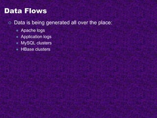 Data Flows
 Data is being generated all over the place:
 Apache logs
 Application logs
 MySQL clusters
 HBase clusters
 