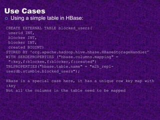 Use Cases
 Using a simple table in HBase:
CREATE EXTERNAL TABLE blocked_users(
userid INT,
blockee INT,
blocker INT,
created BIGINT)
STORED BY 'org.apache.hadoop.hive.hbase.HBaseStorageHandler’
WITH SERDEPROPERTIES ("hbase.columns.mapping" =
":key,f:blockee,f:blocker,f:created")
TBLPROPERTIES("hbase.table.name" = "m2h_repl-
userdb.stumble.blocked_users");
HBase is a special case here, it has a unique row key map with
:key
Not all the columns in the table need to be mapped
 
