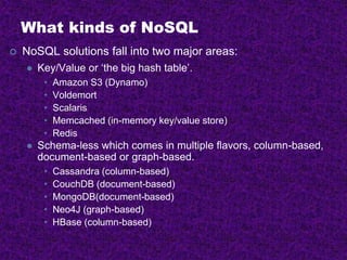What kinds of NoSQL
 NoSQL solutions fall into two major areas:
 Key/Value or ‘the big hash table’.
• Amazon S3 (Dynamo)
• Voldemort
• Scalaris
• Memcached (in-memory key/value store)
• Redis
 Schema-less which comes in multiple flavors, column-based,
document-based or graph-based.
• Cassandra (column-based)
• CouchDB (document-based)
• MongoDB(document-based)
• Neo4J (graph-based)
• HBase (column-based)
 