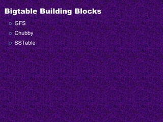 Bigtable Building Blocks
 GFS
 Chubby
 SSTable
 