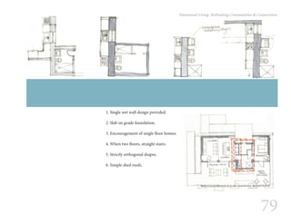 79
Intentional Living: Rethinking Communities & Connections
1. Single wet wall design provided.
2. Slab on grade foundation.
3. Encouragement of single floor homes.
4. When two floors, straight stairs.
5. Strictly orthogonal shapes.
6. Simple shed roofs.
 