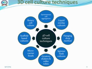 3D cell culture techniques
3D cell
culture
techniques
Spontaneous
cell
aggregation
Liquid
overlay
cultures
Hanging
drop
method
Spinner
flask
culturesGyratory
shakers &
roller
tubes
Micro-
carrier
beads
Scaffold
based
cultures
Rotary
cell
culture
19/11/2014 11
 