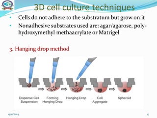 3D cell culture techniques
19/11/2014 13
• Cells do not adhere to the substratum but grow on it
• Nonadhesive substrates used are: agar/agarose, poly-
hydroxymethyl methaacrylate or Matrigel
3. Hanging drop method
 