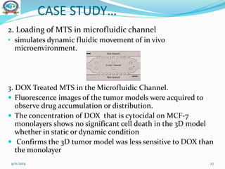 CASE STUDY…
2. Loading of MTS in microfluidic channel
• simulates dynamic fluidic movement of in vivo
microenvironment.
3. DOX Treated MTS in the Microfluidic Channel.
 Fluorescence images of the tumor models were acquired to
observe drug accumulation or distribution.
 The concentration of DOX that is cytocidal on MCF-7
monolayers shows no significant cell death in the 3D model
whether in static or dynamic condition
 Confirms the 3D tumor model was less sensitive to DOX than
the monolayer
9/11/2014 27
 