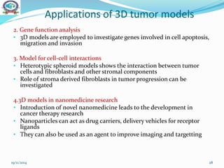 Applications of 3D tumor models
2. Gene function analysis
• 3D models are employed to investigate genes involved in cell apoptosis,
migration and invasion
3. Model for cell-cell interactions
• Heterotypic spheroid models shows the interaction between tumor
cells and fibroblasts and other stromal components
• Role of stroma derived fibroblasts in tumor progression can be
investigated
4.3D models in nanomedicine research
• Introduction of novel nanomedicine leads to the development in
cancer therapy research
• Nanoparticles can act as drug carriers, delivery vehicles for receptor
ligands
• They can also be used as an agent to improve imaging and targetting
19/11/2014 28
 