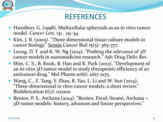 REFERENCES
 Hamilton, G. (1998). Multicellular spheroids as an in vitro tumor
model. Cancer Lett, 131 , 29–34.
 Kim, J. B. (2005). "Three-dimensional tissue culture models in
cancer biology." Semin Cancer Biol 15(5): 365-377.
 Leong, D. T. and K. W. Ng (2014). "Probing the relevance of 3D
cancer models in nanomedicine research." Adv Drug Deliv Rev.
 Shin, C. S., B. Kwak, B. Han and K. Park (2013). "Development of
an in vitro 3D tumor model to study therapeutic efficiency of an
anticancer drug." Mol Pharm 10(6): 2167-2175.
 Wang, C., Z. Tang, Y. Zhao, R. Yao, L. Li and W. Sun (2014).
"Three-dimensional in vitro cancer models: a short review."
Biofabrication 6(2): 022001
 Benien, P. S., Archana (2014). "Benien, Parul; Swami, Archana --
3D tumor models- history, advances and future perspectives."
19/11/2014 31
 