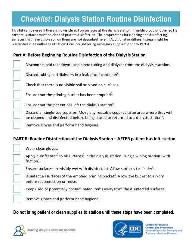 Dialysis medical hygiene checklist developed by CDC to cut bloodstrea…