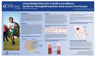 Using Multiple Data Sets to Build a Surveillance
                                 System for Hemoglobinopathies: Early Lessons from Georgia
                                 Georgia RuSH Collaborative*                                                                                                                                                 For more information, contact the Georgia Health Policy Center
                                                                                                                                                                                                                   at 404.413.0314 or visit us online at www.gsu.edu/ghpc.




                            BACKGROUND                                                                              RESULTS
                            Though the total number of individuals with hemoglobinopathies in                       From 2004 through 2008, 1,009 newborns screened positive for a                 Close to 90 percent of the newborns identified through NBS are estimated to
                            Georgia is uncertain, it is known that Georgia ranks among the top states               hemoglobin disorder in Georgia. During that same time period, CHOA             be followed by one of the three hospital systems.
                            in sickle cell disease prevalence. Estimates range from as low as 4,981 to              treated approximately 2,580 pediatric patients with a hemoglobin disorder,     Using newborn screening data from 2004 through 2008 (Figure 4), we
                            as high as 8,427. Along with six other states, Georgia participated in the              and Grady and GHSU treated approximately 1,600 and 1,450 patients,             identified the counties with the highest number of incident cases. Most cases
                            two-year Registry and Surveillance System for Hemoglobinopathies                        respectively. Medicaid and CHIP programs paid claims for approximately         are found in the five metro Atlanta counties (Fulton, DeKalb, Cobb, Gwinnett
                            (RuSH) pilot project. Objectives: To determine the annual incidence and                 14,667 enrollees with a hemoglobinopathy-associated medical encounter,         and Clayton) as well as the smaller metropolitan areas in South and
                            five-year prevalence (2004-2008) of hemoglobinopathies in Georgia and                   while the SHBP covered such services for 1,737 enrollees. Lastly, close to     Southeastern Georgia.
                            to describe the demographics of the populations living with these                       9,778 individuals were treated in a Georgia emergency room or hospital for a
                            disorders.                                                                              hemoglobinopathy. (Figure 1) We estimate that up to 47 percent of the
                                                                                                                    9,778 individuals identified through state hospital discharge data may also    Figure 4: Georgia newborns screening positive for sickle cell
                                                                                                                    be present in one of the three hospital systems’ data. (Figure 2)              disease, January 2004 through December 2008
                            METHODS
                            Potential cases are identified from five sources: (1) the state newborn
                            screening program (NBS); (2) the Georgia hospital discharge file, which
                                                                                                                    Figure 2: Clinic Patient/Hospital Discharge Count Overlap,
                            includes most in-patient and emergency room visits in the state; (3) the                2004-2008
                            Grady, CHOA and GHSU health systems, including all outpatient visits; (4)
                            the State Medicaid and CHIP programs; and (5) the State Health Benefit
                            Plan (SHBP). Laboratory screening and confirmatory results, coupled with
                            clinical expertise, are used to confirm cases from NBS, Grady and GHSU
                            data. ICD-9 and CPT codes are used to identify probable and possible
                            cases from additional administrative datasets. Individual datasets are
                            examined to produce preliminary geographic estimates of prevalence
                            and to judge the potential overlap of cases prior to merging all datasets
                            into one surveillance system.                                                           As well, 55 percent of the Medicaid/CHIP patients and 32 percent of the
                                                                                                                    SHBP patients likely overlap with the hospital discharge file. However, 88
                            Figure 1: Georgia RuSH project case-finding data sets                                   percent of Medicaid enrollees and 70 percent of SHBP enrollees ever coded
                                                                                                                    with a hemoglobinopathy had a hospitalization or ER visit from 2004 to
                                                                                                                    2008. (Figure 3)
                                Medicaid Claims
                                    SCD: N=9,486               Newborn Screening
                             Possible hemoglobinopathy
                                   cases: N=14,667
                                                                     N=1,009
                                                                                                                    Figure 3: Overlap between Health Insurance Claims data
                                                                                      State Health Benefit Plan
                                                                                                 N=1,737            and Georgia Hospital Discharge Data                                            CONCLUSION AND IMPLICATIONS
                                                                                                                                                                                                   Early outcomes from the Georgia RuSH project have allowed us to identify
                                                                                                                                                                                                   areas of the state to focus hemoglobinopathy outreach efforts. Further
                                                                                                                                                                                                   progress will allow us to answer programmatic, policy and outreach questions
                                                                                                    Sickle Cell                                                                                    specific to Georgia, and aid the development of educational materials for
                                                                                                 Clinical Centers                                                                                  providers, policy-makers and legislators. Lessons learned can be shared with
                                                                                                  CHOA: N=2,580
                                                                                                  Grady: N=1,600                                                                                   other states interested in developing hemoglobinopathy surveillance systems.
                                                                                                  GHSU: N=1,450

                                                                                                                                                                                                   This poster was supported by Cooperative Agreement DD09-909 or DD10-1017 from
                                                                                                                                                                                                   the Centers for Disease Control and Prevention. Its contents are solely the
                                                                                                                                                                                                   responsibility of the authors and do not necessarily represent the official views of CDC.

                                                                                                                                                                                                                                                                                                *Georgia RuSH Collaborative:
                                                                                                                                                    -                                                                                     Angela Snyder, PhD, MPH - Georgia Health Policy Center, Georgia State University
                                                                                                                                                                                                                                         Sharon Quary, MS - Newborn Screening Unit, Georgia Department of Public Health
                                                                               Hospital Discharge Data                                                                                                                              James Eckman, MD - Georgia Comprehensive Sickle Cell Clinic, Grady Memorial Hospital
                                                                                       N=9,778
                                                                                                                                                                                                                                               Peter Lane, MD - Sickle Cell Disease Program, Children's Healthcare of Atlanta
ANDREW YOUNG SCHOOL                                                                                                                                                                                                     Robert Gibson, PhD, MSOTR/L - School of Allied Health Sciences, Georgia Health Sciences University
                                                                                                                                                                                                                                 Jackie George, MPH; Janeth Spurlin; Beverly Sinclair - Sickle Cell Foundation of Georgia, Inc.
        OF POLICY STUDIES                                                                                                                                                                                 Mei Zhou, MS; Holly Avey, PhD, MPH; Jane Branscomb, MPH; Lillian Haley, PhD, MSW - Georgia Health Policy Center,
                                                                                                                                                                                                                                                                                                      Georgia State University
 