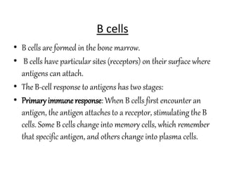 B cells
• B cells are formed in the bone marrow.
• B cells have particular sites (receptors) on their surface where
antigens can attach.
• The B-cell response to antigens has two stages:
• Primaryimmune response: When B cells first encounter an
antigen, the antigen attaches to a receptor, stimulating the B
cells. Some B cells change into memory cells, which remember
that specific antigen, and others change into plasma cells.
 