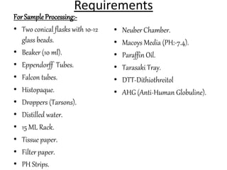 Requirements
For SampleProcessing:-
• Two conical flasks with 10-12
glass beads.
• Beaker (10 ml).
• Eppendorff Tubes.
• Falcon tubes.
• Histopaque.
• Droppers (Tarsons).
• Distilled water.
• 15 ML Rack.
• Tissue paper.
• Filter paper.
• PH Strips.
• Neuber Chamber.
• Macoys Media (PH:-7.4).
• Paraffin Oil.
• Tarasaki Tray.
• DTT-Dithiothreitol
• AHG (Anti-Human Globuline).
 